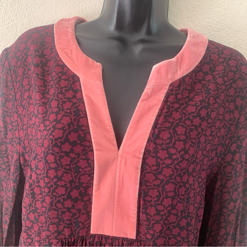 BODEN Annabelle Top Size 14 New Burgundy & Black Pink Velvet Trim ¾ Sleeve 🆕 - Picture 3 of 14